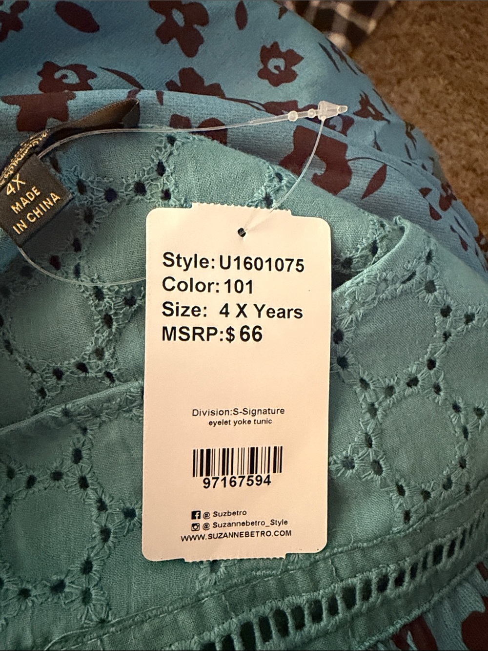 Suzanne Betro Teal and Burgundy Eyelet Yoke Tunic - Picture 3 of 4